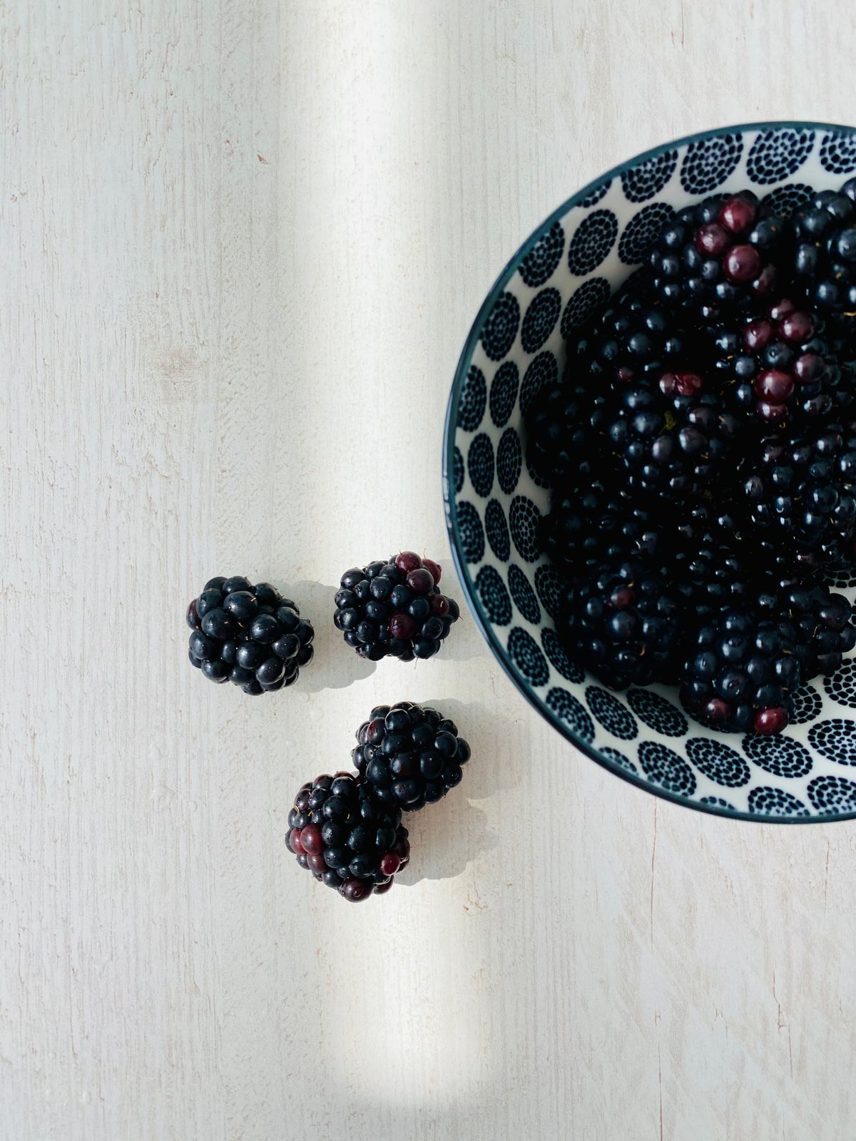 Fresh blackberries in a patterned bowl