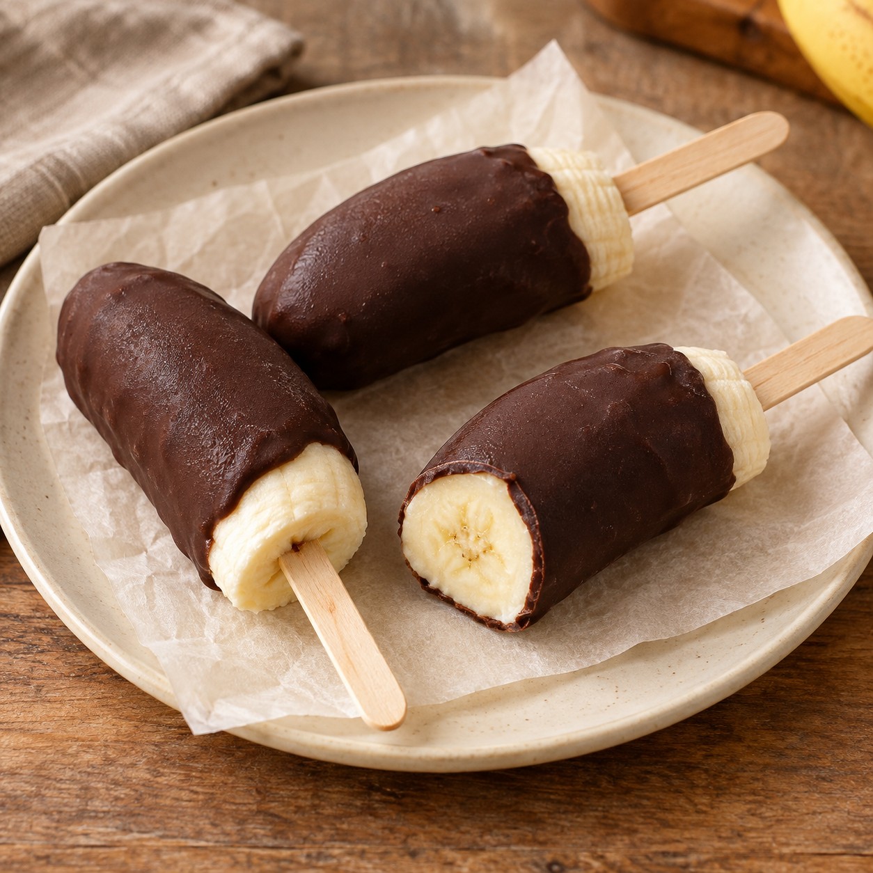 AI-generated serving illustration of chocolate-dipped frozen banana pops