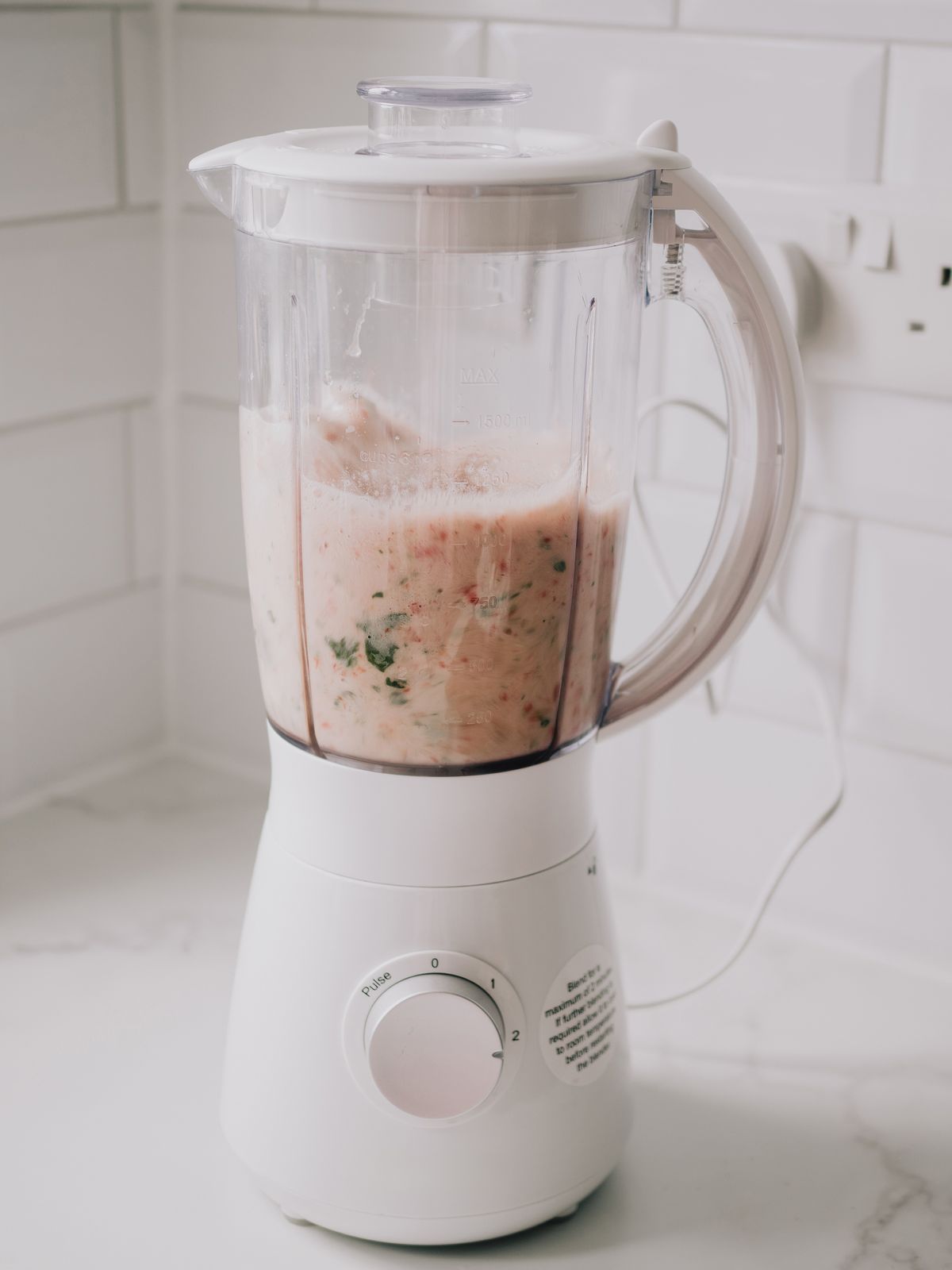 Countertop blender jug filled with fruit ingredients
