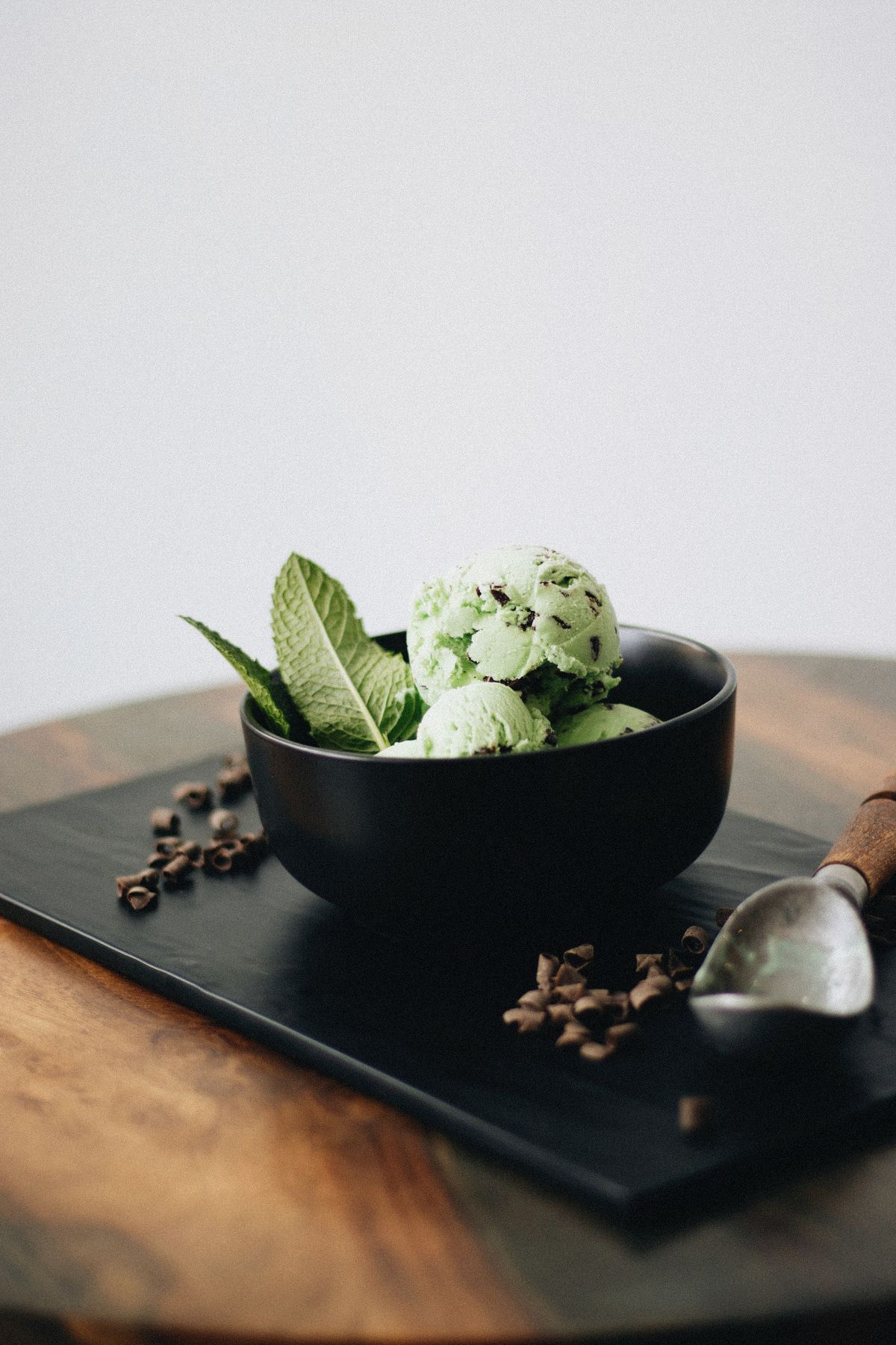 Mint chocolate chip ice cream with mint leaves